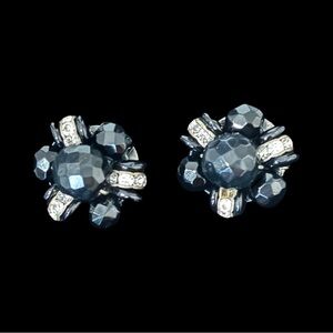 Vintage black faceted beads with rhinestones clip on earrings